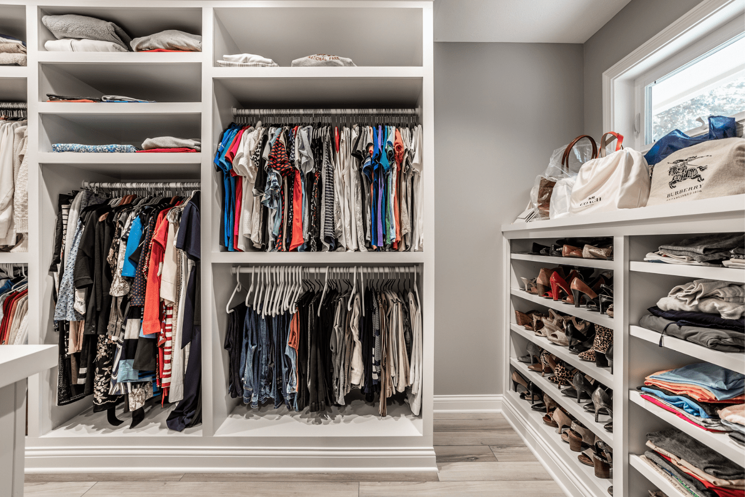 Nicholas Design Build | A walk in closet with lots of clothes and shoes.