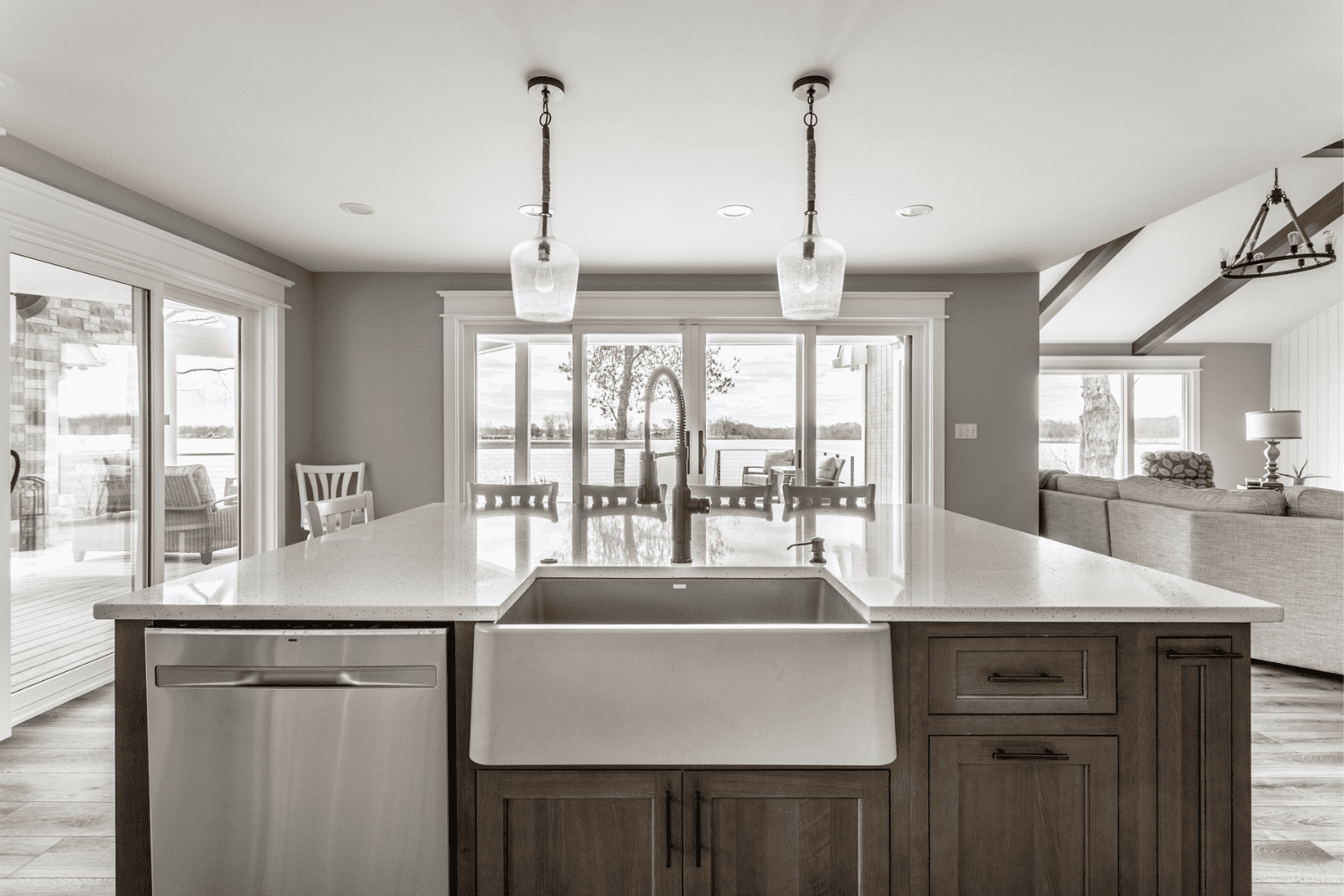 Nicholas Design Build | A black and white photo of a kitchen island.