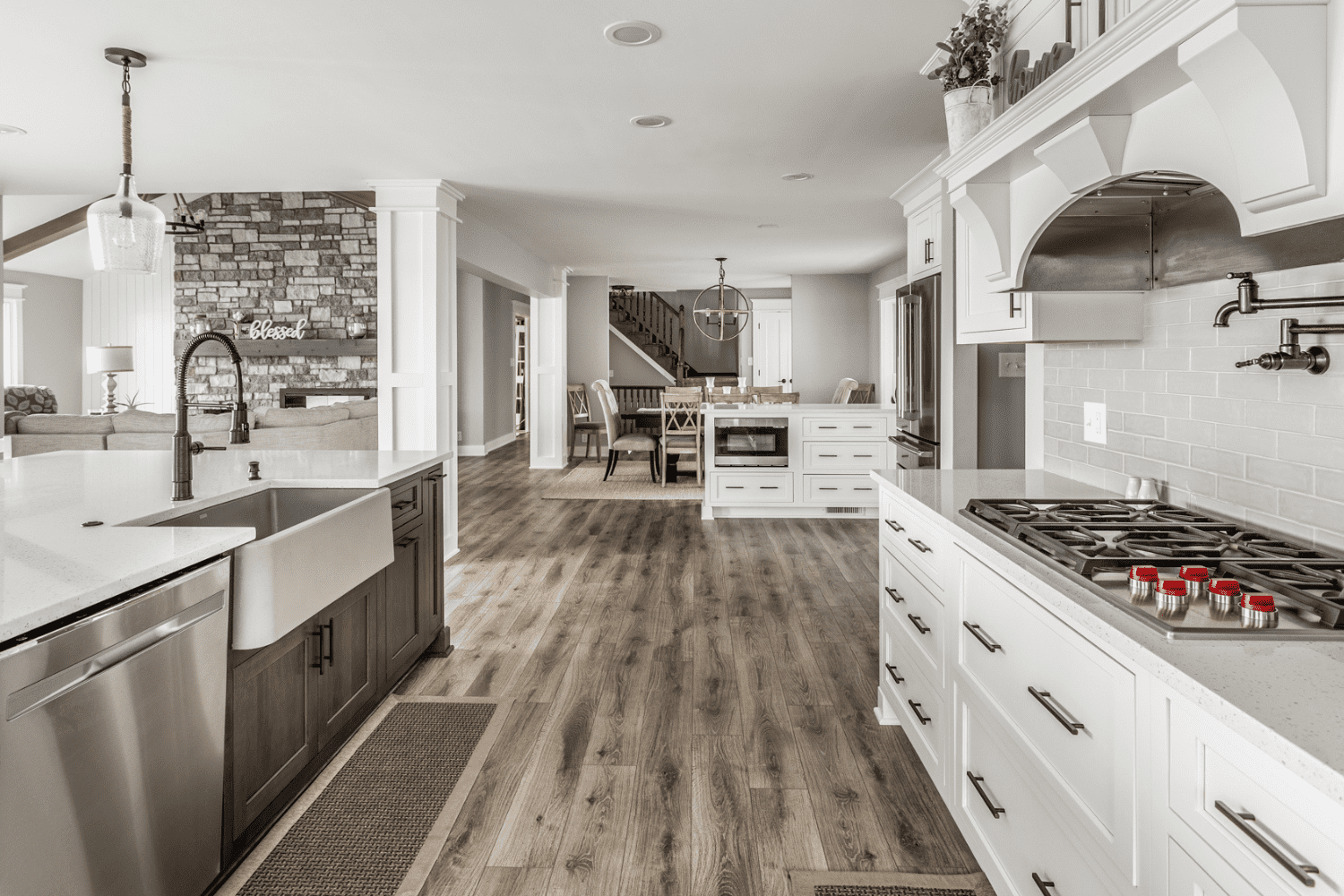 Nicholas Design Build | A black and white photo of a kitchen.