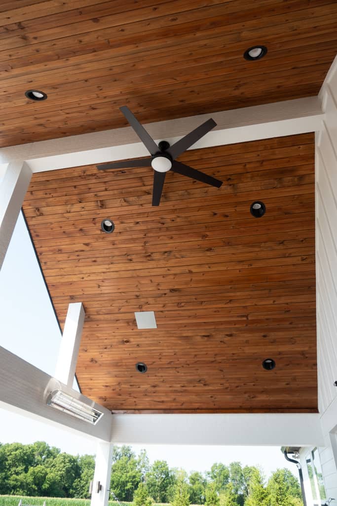 Nicholas Design Build | A remodelled ceiling fan is mounted on a wooden ceiling.
