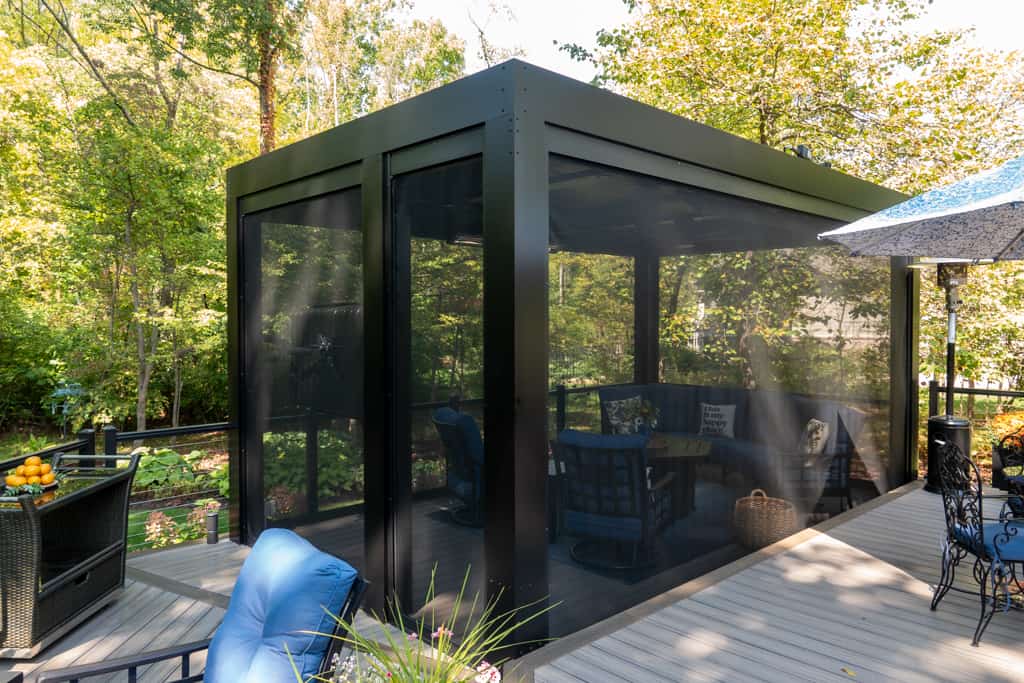 Nicholas Design Build | A black gazebo on a deck.